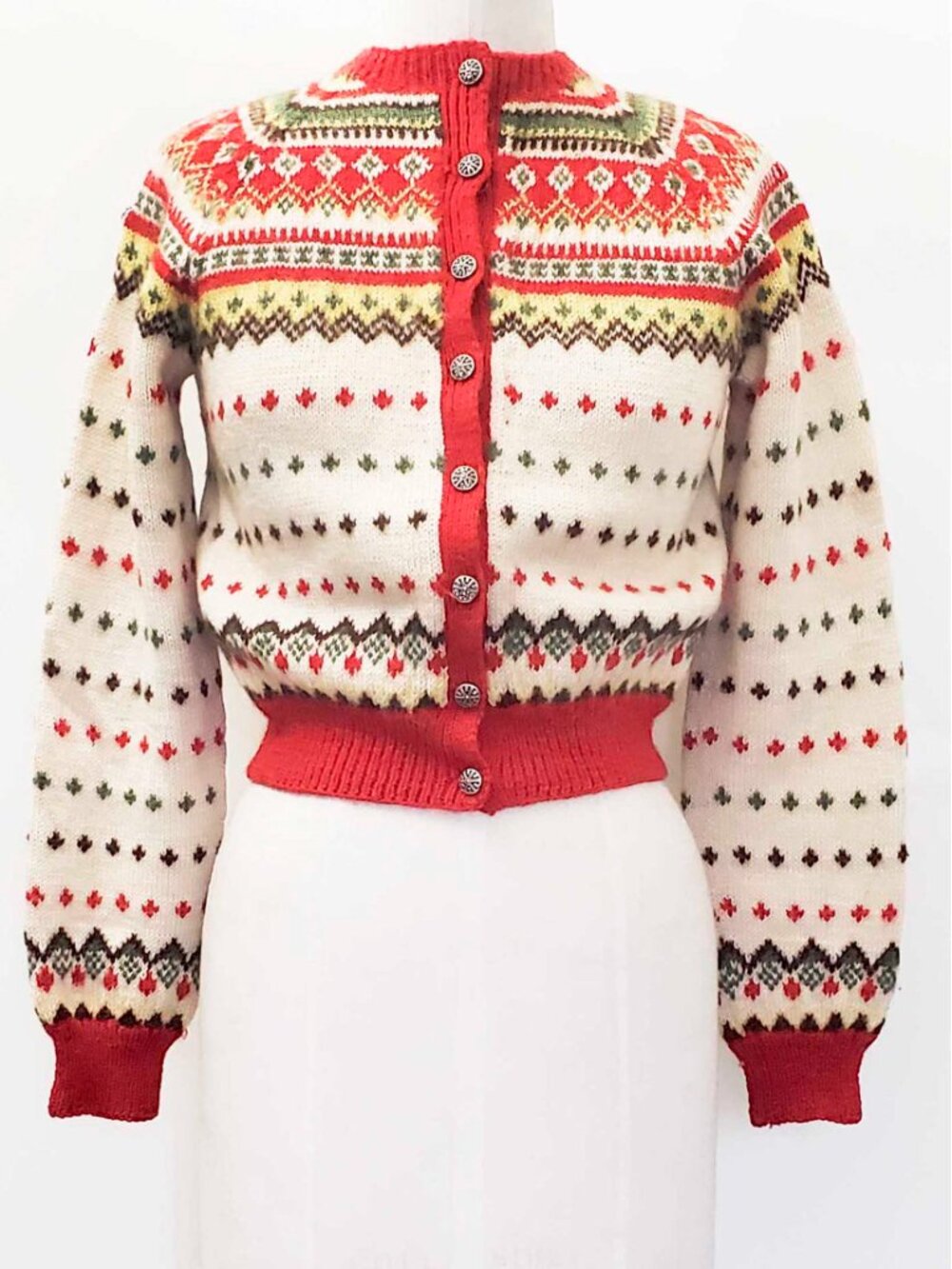 Vintage 60s Fair Isle Wool Knit Cardigan Nordic Wool Metal Buttons Sweater